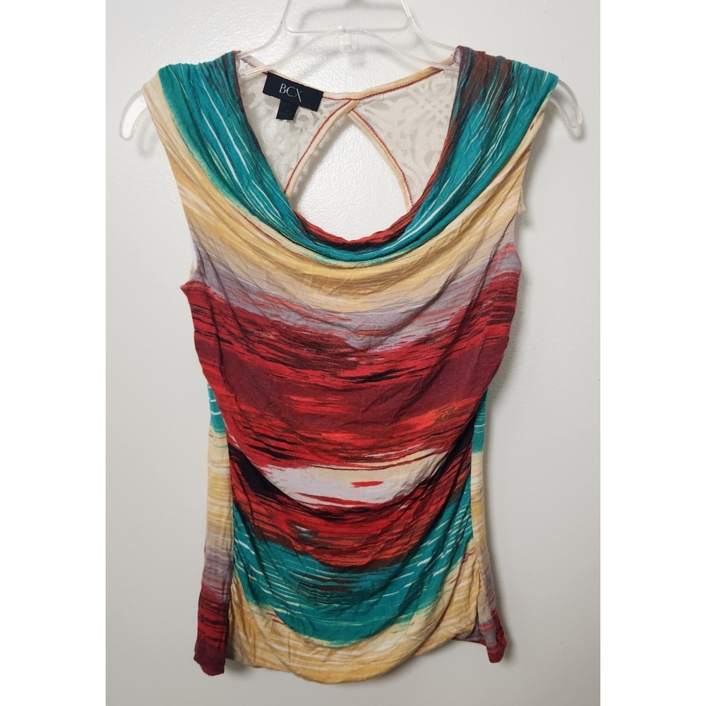 BCX Cowl Neck Y2K 90s Sleeveless Top Colorful Lace Open Back Back Medium Vintage